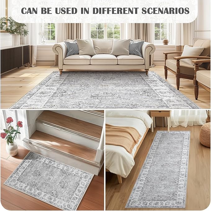 jinchan Floral 2x3 Rugs for Entryway - Vintage Washable Small Non-Slip Distressed Indoor Doormat Ultra-Thin Low-Pile Accent Rug for Entrance Kitchen Bedroom Bathroom (2x3ft,Grey)