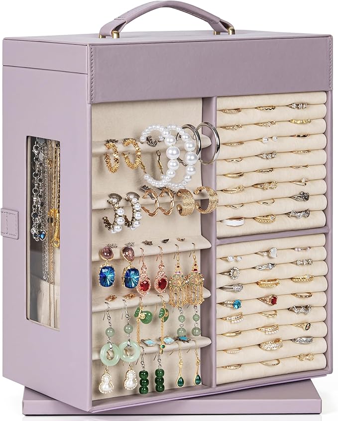 AKOZLIN 360° Rotating Jewelry Box 6-Tier Organizer Functional Jewelry Storage Case for Women Girls Ring Necklace Earring Bracelet Holder with Mirror Purple