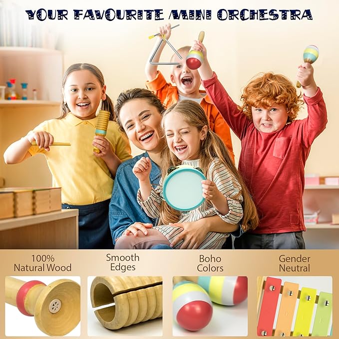 MINIARTIS Baby Musical Instruments Set - Montessori Musical Toys for Toddlers 1-3 | Modern Boho Kids Xylophone with Songbook | Neutral Colors Wooden Percussion Instruments | Preschool Educational 3+