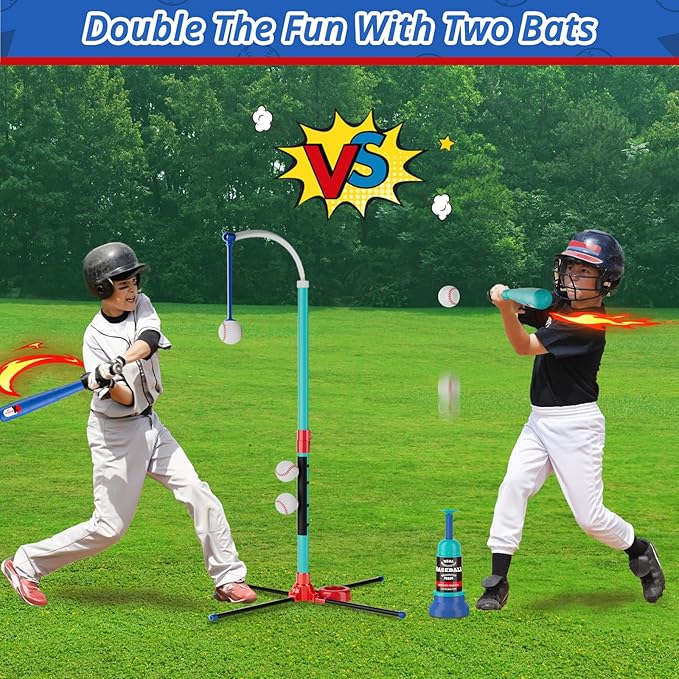 3-in-1 Baseball Set for Kids: Hanging Batting Tee + T Ball Stand Set Auto Ball Launcher for Toddlers & Youth Adjustable Height with 6 Balls 2 Bats Outdoor&Indoor Toys Sports Gifts for 3-12 Years Old
