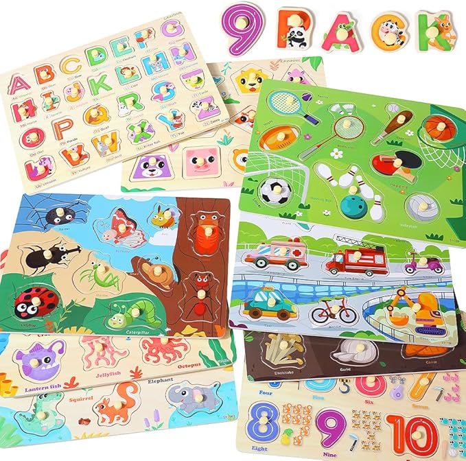 GRINNNIE 9 Pack Montessori Toddler Puzzle for 3 4 5 Years Old, Wooden Learning Puzzle for Toddlers 3-5, Animal, Alphabet, Number, Shape Peg Puzzles Set, Great Birthday for Boys Girls