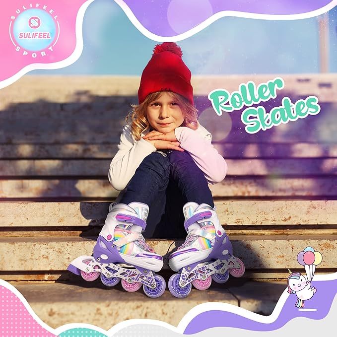SULIFEEL Rainbow Unicorn Inline Skates for Girls Boys 4 Size Adjustable Light up Wheels Skates for Kids Beginner