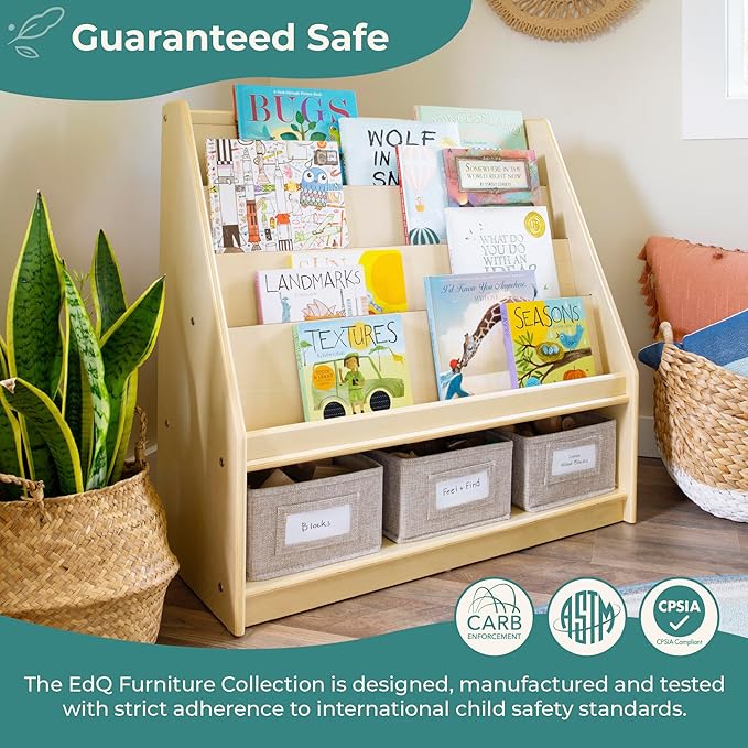Guidecraft EdQ Book and Bin Display Natural with 3 Fabric Storage Bins: Wooden Multi-Purpose Bookcases and Toy Storage Organizer; Homeschool and Classroom Furniture