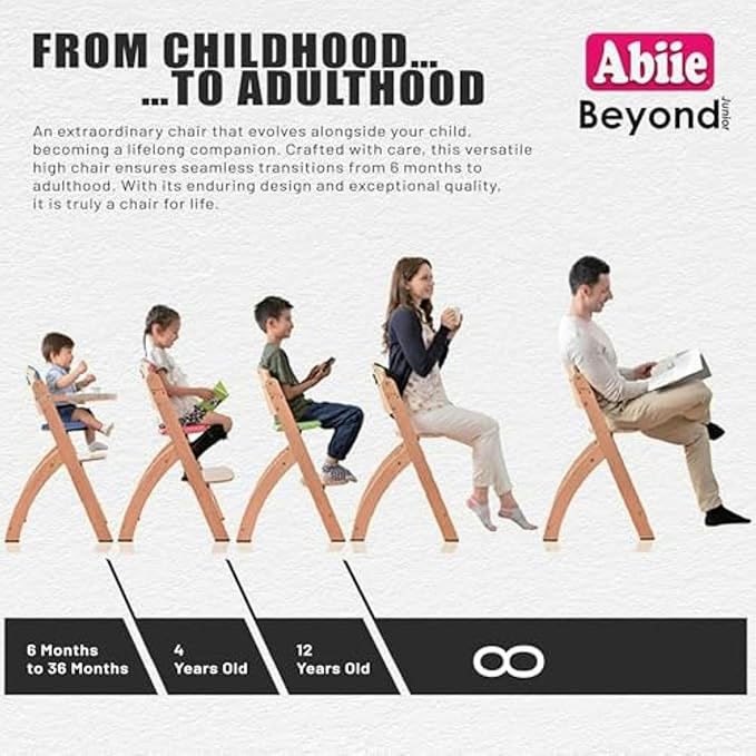 Abiie Beyond Junior Wooden High Chair with Tray - Adjustable and Convertible High Chair for Babies and Toddlers - 6 Months to 250 Lb - Water Resistant - Natural Wood/Olive Cushion