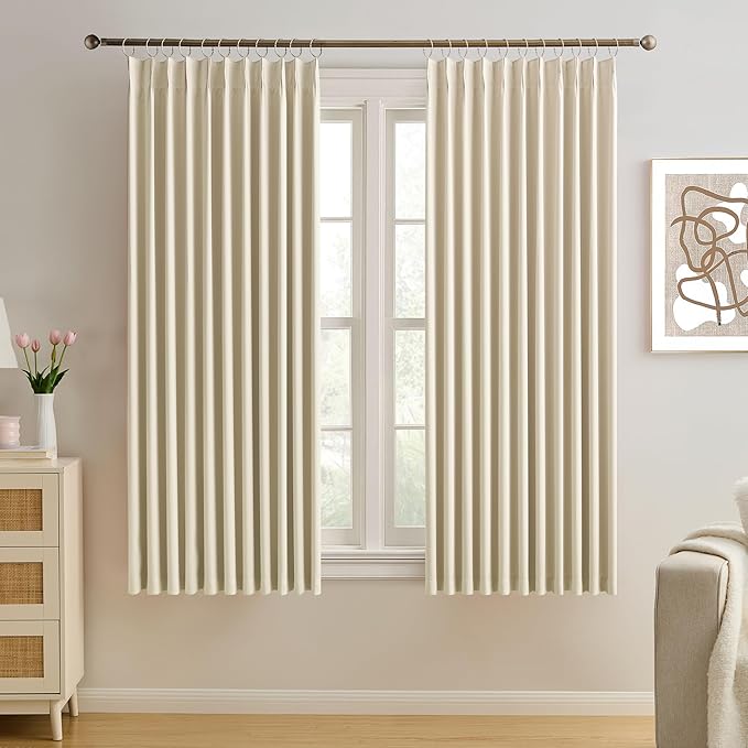 KEQIAOSUOCAI Pinch Pleated Curtains 63 Inches Long,Memory Shape Room Darkening Soundproof Window Curtains with Hooks for Bedroom Living Room Track System 80 x 63 x 2 Panels Cream Beige