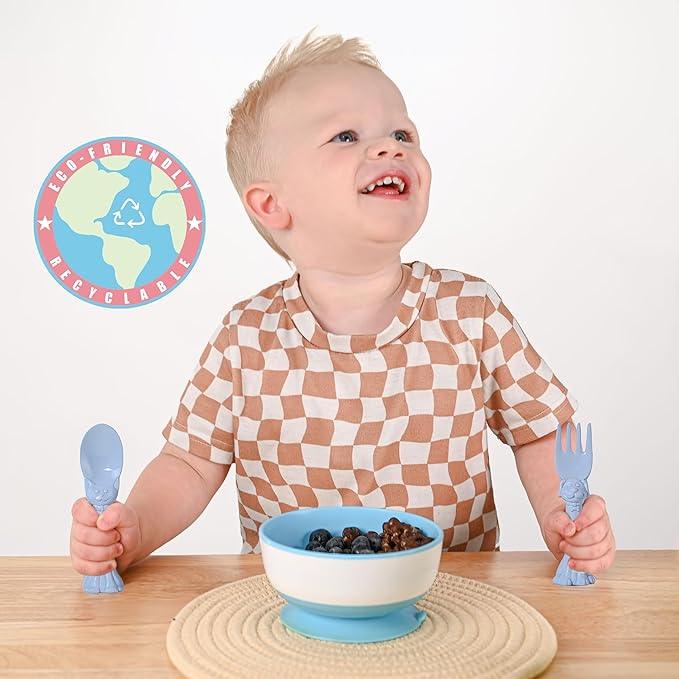 Made in USA Spoon la la Toddler Utensils Set - 6 Pack (3 Spoons & 3 Forks for Kids) - Self-Standing 3D Ergonomic Cat & Dog Handles - BPA-free, Dishwasher Safe, Baby Silverware (Blue, Pink, Mint)