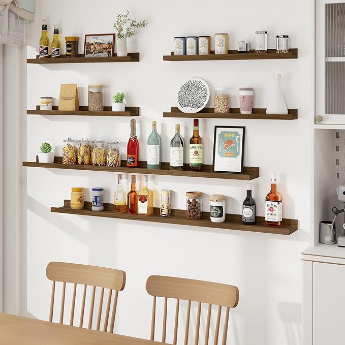 Axeman Picture Ledge Shelf, Floating Shelves for Wall Decor Storage Set of 6, 24 inch Floating Wall Mounted Shelves, Wall Shelves with Lip for Living Room, Bedroom, Nursery, Bathroom, Kitchen, Walnut