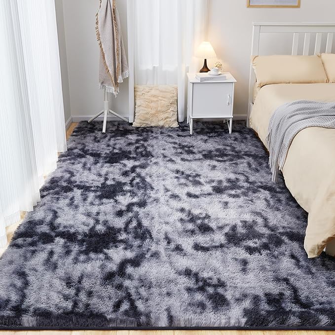Fluffy Area Rug, 4x5.8 Tie-Dyed Dark Grey Rugs for Bedroom, Soft Plush Area Rugs for Living Room, Nursery, Study Room, Dressing Room, Home Decor