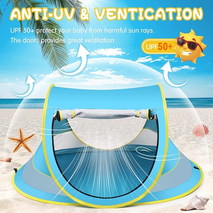 Baby Beach Tent,Large Pop Up Beach Tent Sun Shade for Beach,Portable Baby Travel Tent with Mosquito Net,Indoor Baby Play Tent,UPF 50+ UV Protection Sun Shelters for Infants