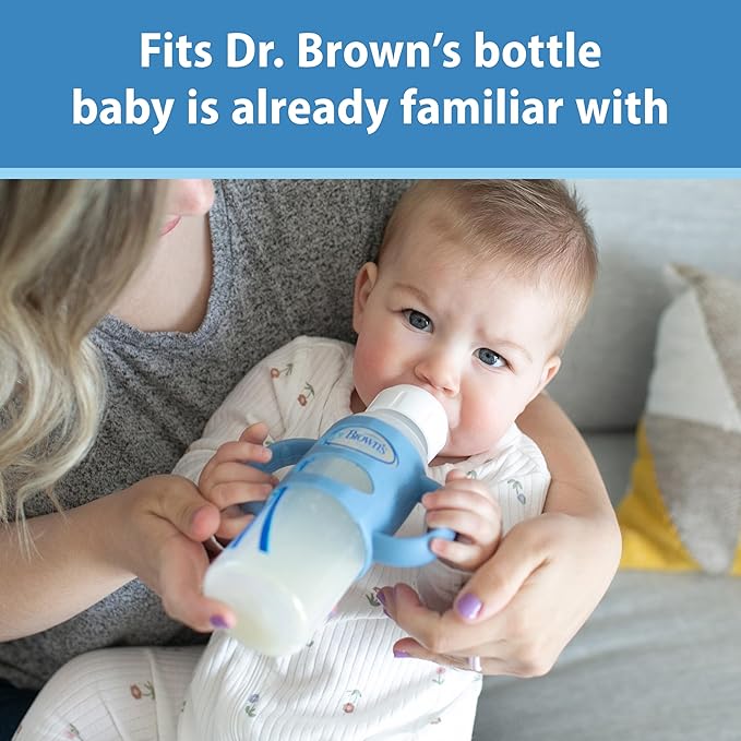 Dr. Brown's Narrow Baby Bottle Handles, 100% Silicone, Easy Grip Removable Handles for Bottle to Sippy Cup Transition, Blue, 4m+