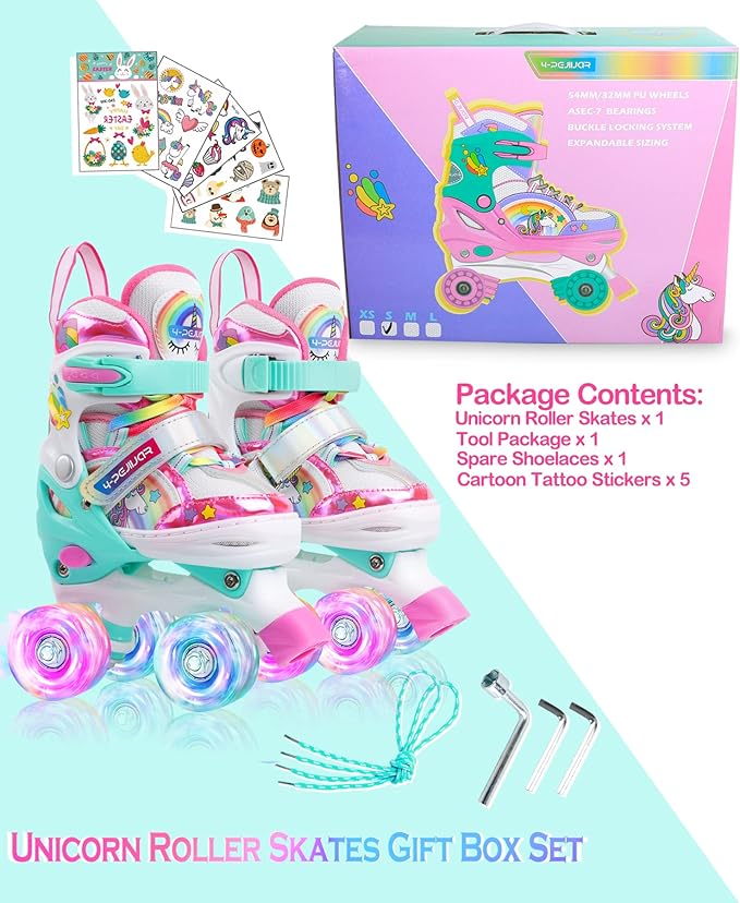4-Pejiijar Rainbow Unicorn Kids Roller Skates for Girls Toddler Ages 2-4 5-8 8-12,Adjustable Roller Shoes with Luminous Wheels for Birthday Xmas Gifts