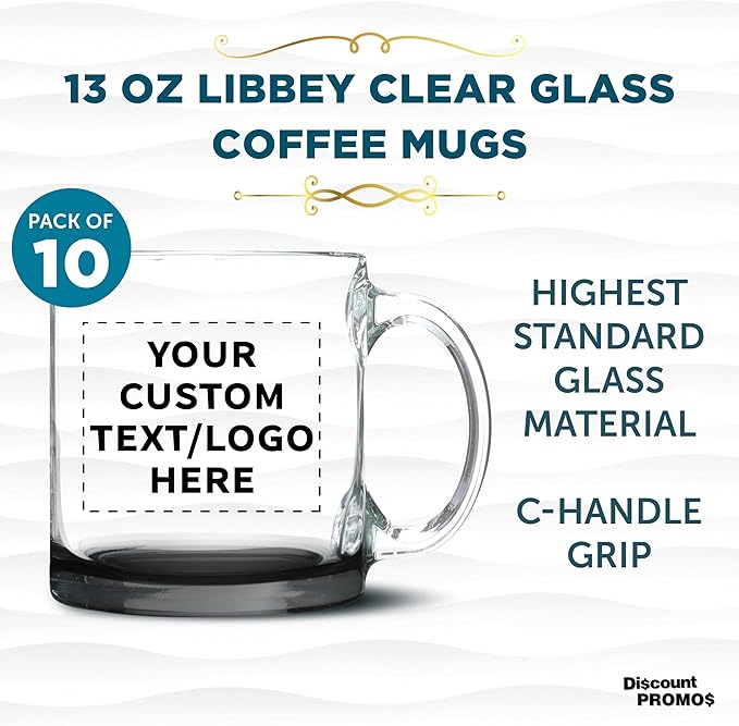 Custom Libbey Clear Glass Coffee Mugs 13 oz. Set of 10, Personalized Bulk Pack - Perfect for Coffee, Tea, Espresso, Hot Cocoa, Other Beverages - Black Bottom