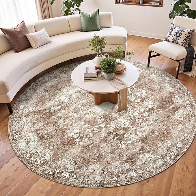 jinchan Round Rug 7ft Area Rug - Brown Vintage Floor Mat Kitchen Indoor - Washable Circle 7' Thin Floral Print Carpet Retro Farmhouse Non Slip Dining Room Living Room Bedroom Office