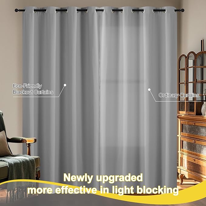 NICETOWN Sliding Door Curtains 96 inches Long for Living Room - Grommet Privacy 100% Blackout Drapery Thermal Insulated Curtains for Bedroom, 1 Pair, 52W x 96L, Silver Grey