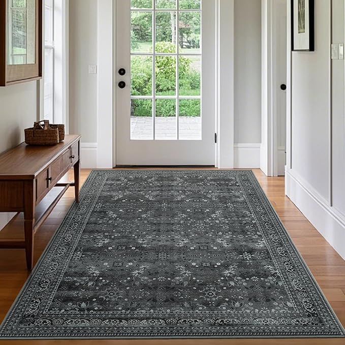 5x7 Machine Washable Area Rug for Living Room Bedroom, Vintage Kitchen Rugs Non Slip, Traditional Indoor Floor Floral Print Carpet for Dining Room, Farmhouse, Office Classroom Black/Gray