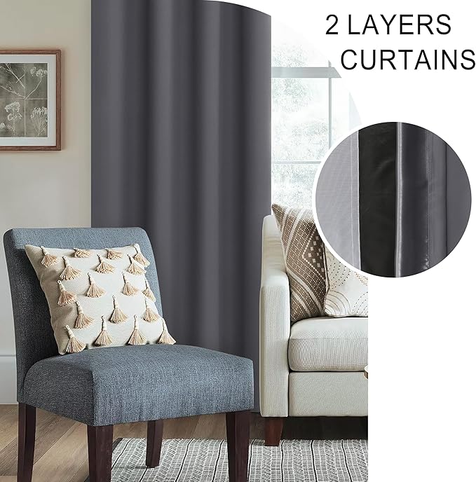 XWZO Full Blackout Curtains 63 Inches Long with Tiebacks- Rod Pocket Full Light Blocking & Energy Efficiency Extra Wide Window Draperies with Black Liner for Bedroom, Dark Grey, W70 x L63, Set of 2