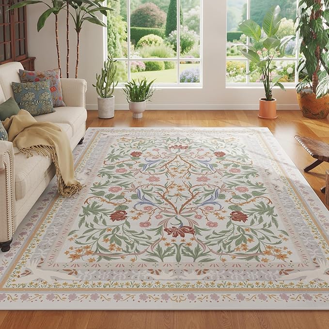 Area Rugs 8x10 for Living Room Clearance Washable Vintage Floral Botanical Rug Non Slip Low Pile Large Rug for Bedroom, Farmhouse, Dining Room, Kids Playroom, Beige