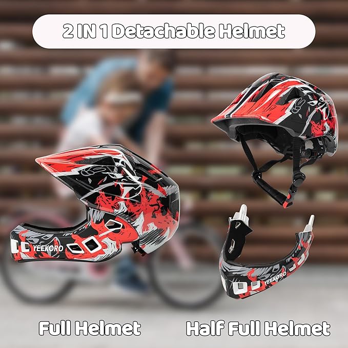 Kids Bike Helmet with Chin Guard, Adjustable Detachable Children’s Full Face Helmet for Girls and Boys, Cycling Helmets Skateboard, Scooter
