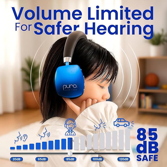 Puro Sound Labs PuroQuiet Plus Noise Cancelling Headphones for Kids, Bluetooth Kids On Ear Headphones with Mic, Lightweight On-Ear Design, Studio-Grade Sound (Blue)