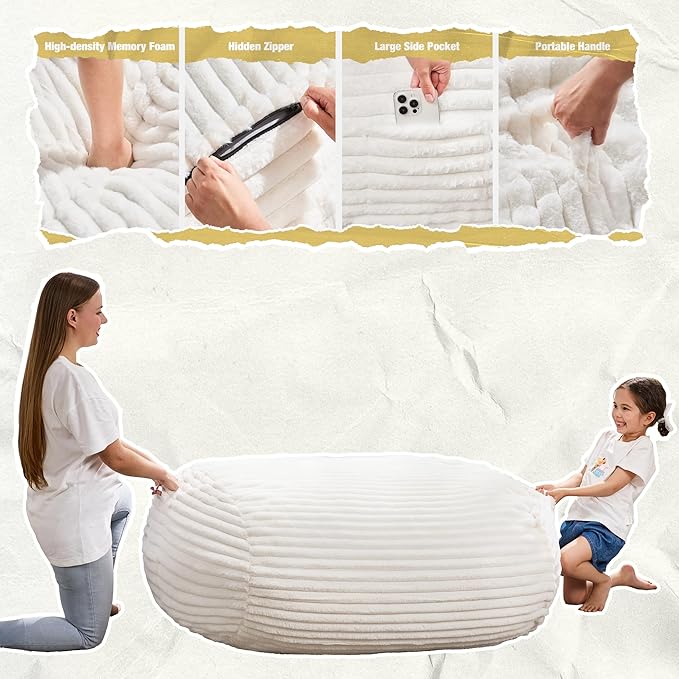Hobestluk 3FT Bean Bag Chairs Adult Bean Bag with Portable Handle Comfy Large Bean Bag Chair with Removable Cover for Living Room Bedroom or Reading Nook (Stripe White, 3FT)