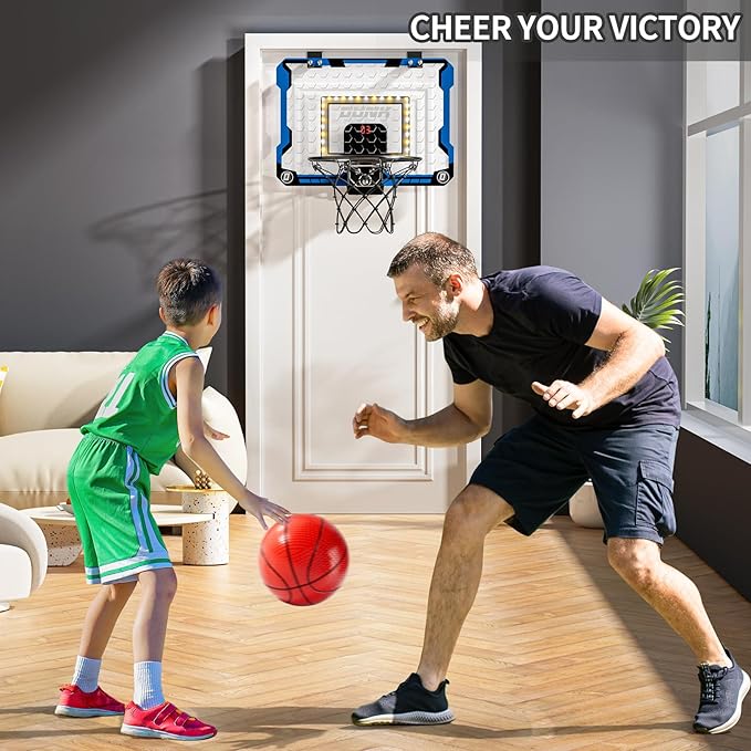 Indoor Basketball Hoop for Kids, Over The Door Mini Basketball Hoops, LED Light Mini Hoop with Scoreboard & 4 Balls, Kids Basketball Hoop Sport Toys Gifts for 5 6 7 8 9 10 11 12+Year Old Boys