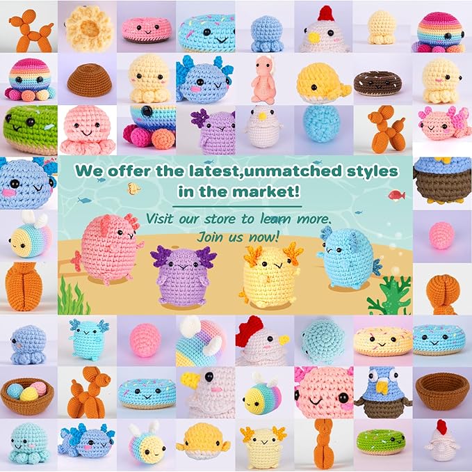 Crochetta Crochet Kit for Beginners, Crochet Starter Kit w Step-by-Step Video Tutorials, Beginner Crochet Kit for Adults Kids Women Men Complete Kit Included (4 Mini Axolotls)