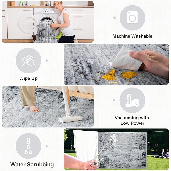 6x9 Area Rugs for Living Room - Washable Rug Modern Abstract Soft Large Neutral Non-Slip Carpet Indoor Floor Thin Carpets for Bedroom Dining Room Farmhouse Nursery Home Office Black