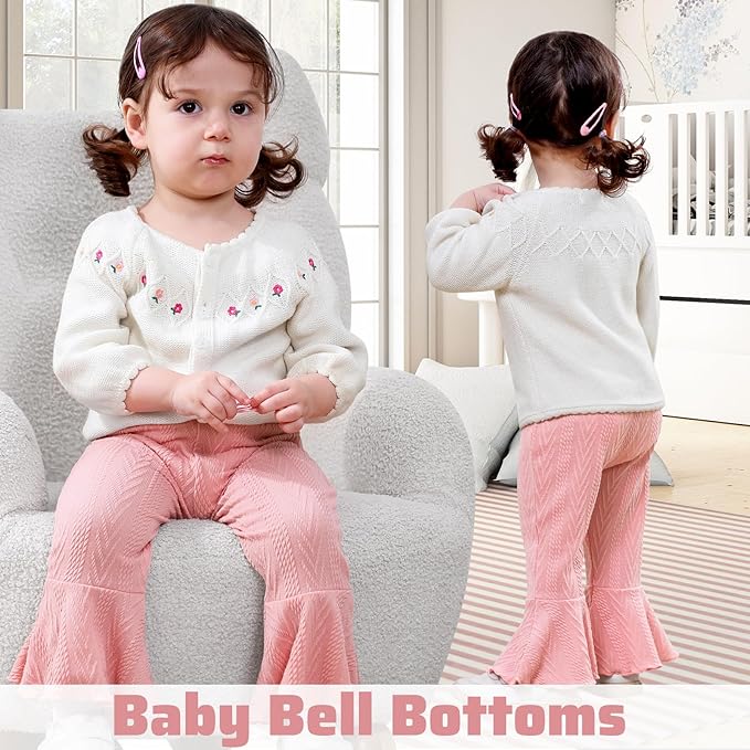 2 Pack Toddler Baby Girl Pants Flare Leggings Ribbed Knit Newborn Bell Bottoms Solid Ruffle Infant Pants for Girls