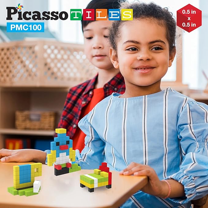 PicassoTiles 100pcs 0.5” Pixel Magnetic Puzzle Cube Mix & Match Cubes Sensory Toys STEAM Education Learning Building Block Magnets Children Construction Toy Set Stacking Magnet Creative Kit PMC100
