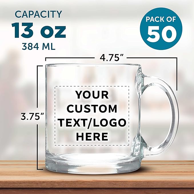 Custom Libbey Clear Glass Coffee Mugs 13 oz. Set of 50, Personalized Bulk Pack - Perfect for Coffee, Tea, Espresso, Hot Cocoa, Other Beverages - Clear Bottom