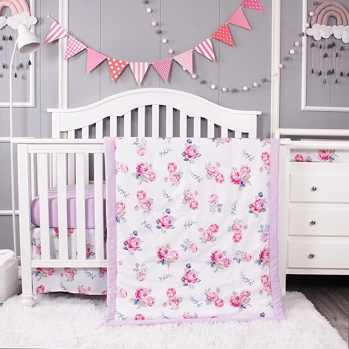 Belsden Floral 3 Piece Crib Bedding Set for Baby Boys Girls, Classic Nursery Bedding Essential Including Comforter, Crib Sheet and Crib Skirt, Ultra Soft Cozy, Floral Purple