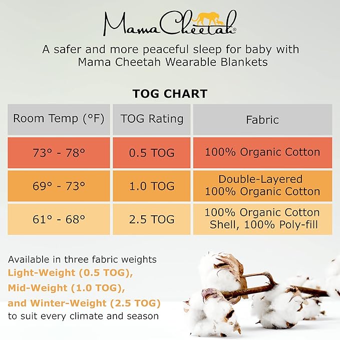 Mama Cheetah Baby Sleep Sack 2.5 TOG, Winter Baby Sleeping Bag with 2-Way Zipper, Organic Cotton Swaddle Transition Wearable Blanket for Boy Girl Infant Toddler, 12-18 Months, 1-Pack