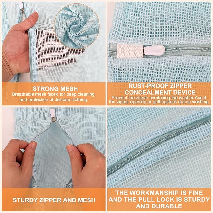 4-Piece Blue Large Durable Organic Cotton Mesh Laundry Bags with Sturdy Zippers and Breathable Mesh are Delicate Laundry Bags for Underwear, Clothes, Pants and Socks
