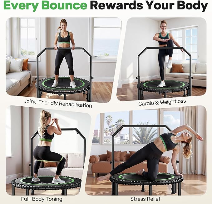 BCAN 40"/48" Mini Rebounder Trampoline for Adults with Bar, 450/550LBS Fitness Trampoline with Bungees, Adjustable Handle, Stable & Quiet, Indoor Outdoor, Whole-Body Workout & Relaxation at Home