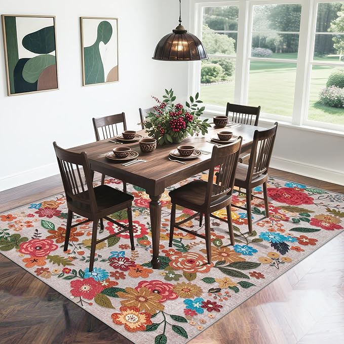 Area Rug Living Room Rugs: 6x9 Washable Rug Vintage Floral Soft Boho Non Slip Carpet Indoor Floor Non Shedding Low Pile Thin Carpets for Bedroom Dining Room Farmhouse Nursery Home Office Beige