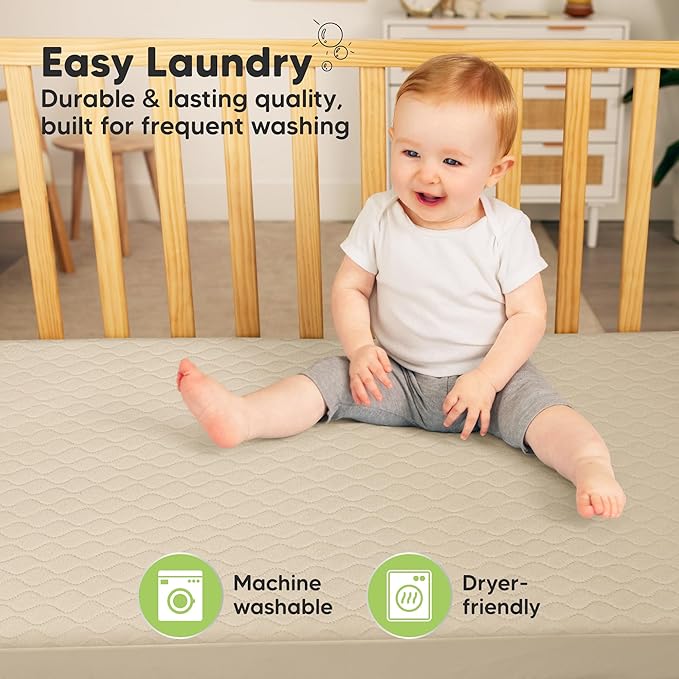 Waterproof Crib Mattress Protector Cover Fitted - 2-Pack Quiet Baby Crib Mattress Pad Sheets, 52" x 28" Soft Quilted Cotton Baby Sheet, Machine Washable, Easy Fit, Durable (Oat/Mavy)