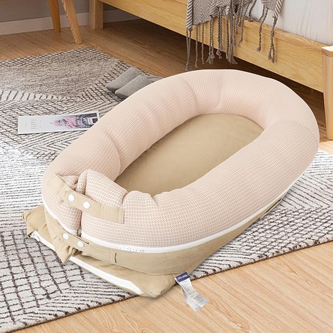 Baby Lounger, Deluxe Infant Lounger, Baby Nest Cover for Baby, Breathable Cotton, Adjustable Baby Floor Seat for Tummy Time, Newborn Essentials for Baby 0-12 Months (Khaki)
