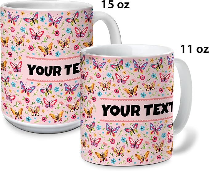 Personalized Mug for Kids - Butterflies - Custom Name/Text, Ceramic Hot Chocolate/Cocoa/Coffee Cup for Girls, Birthday/Christmas/Holiday Gift - 11 oz, Light Blue Handle