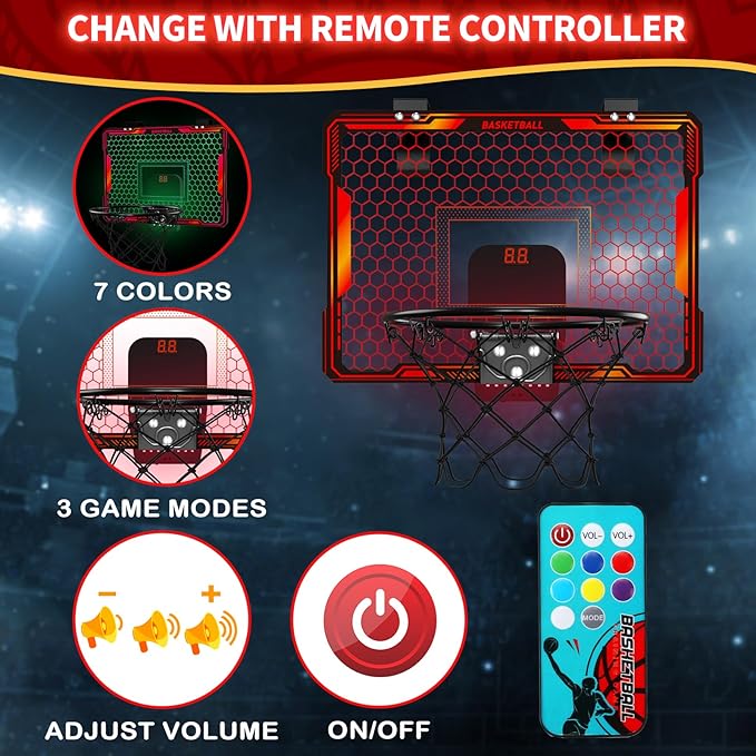 Mini Basketball Hoop with LED Lighting, Electronic Scoreboard, 3 Modes, Over Door Mount, Gift for Kids & Adults (Red)