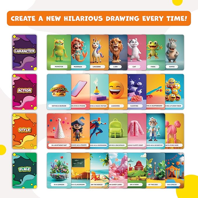 Drawsome Drawing Game for Creative Kids – 160 Prompt Cards with Characters, Actions, Styles & Places to Spark Imagination – Fun Single Player & Family Art Game with Painting Ideas
