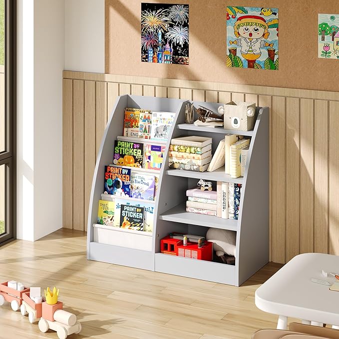 4 Tier Kids Bookshelf Set of 2,4 Layer Sling Kids Book Shelf for Kids Rooms,Wood Children Bookcase,Baby Storage Book Rack,Toddler Bookshelf, Book and Toy Organizer,Book Display Shelf for Nursery