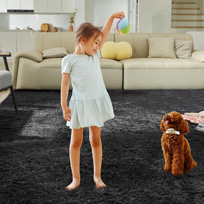 Extra Large Shag Rug, 9x12 Ultra Soft Indoor Modern Area Rugs for Living Room, Non-Skid Modern Nursery Rugs, Fluffy Carpet for Boy and Girls Room Dorm Home Decor Aesthetic, Black