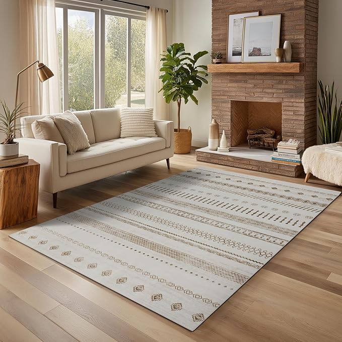 Washable Area Rugs 8x10, Large Rugs for Living Room, Carpet for Bedroom, Boho Soft Faux Wool Retro Dining Room (Beige) Rug, Non-Slip Backing Resistant Low Pile Vintage Print Rug for Home Office