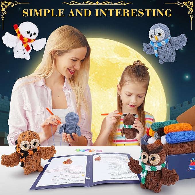 Crochet Kit for Beginners - 4 PCS Owl Crochet Kit with Step-by-Step Video Tutorials, Beginner Crochet Kits for Adults, Crochet Animal Kit for Kids, Crochet Magical Owls Set (White&Brown&Gray&Coffee)