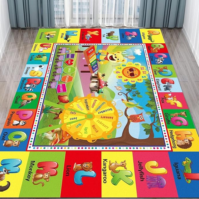 ABC Rug for Kids Room, ABC Mats for Floor Toddlers, Alphabet Play Mat Elementary Preschool Kid's Rugs wtih ABC, Numbers, Animals - (78.7x59 Inches)