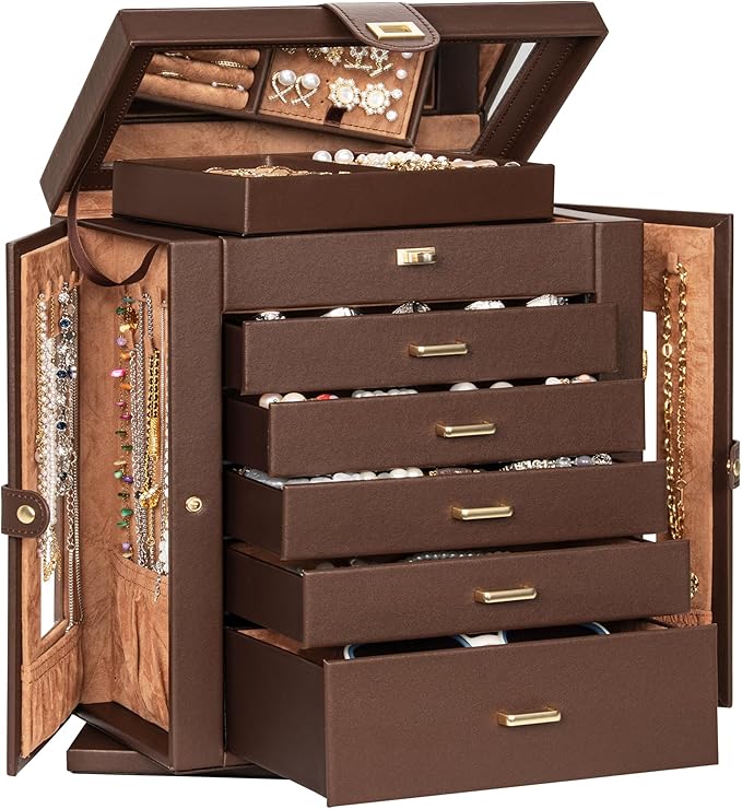 AKOZLIN 360° Rotating Jewelry Box 6-Tier Organizer Functional Jewelry Storage Case for Women Girls Ring Necklace Earring Bracelet Holder with Mirror Brown