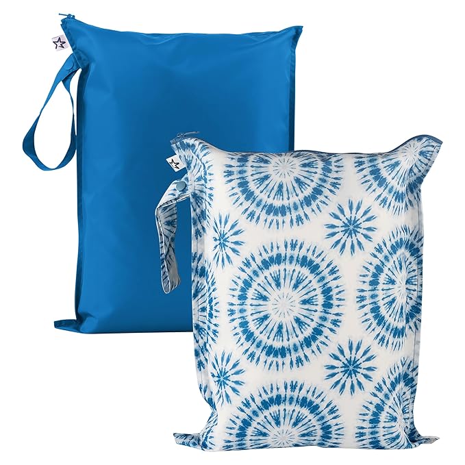 Tiny Twinkle Mess-Proof Waterproof Wet Dry Bag | 2-Pack Reusable Wet Bags for Swimsuits & Baby Clothes | Leakproof Wet Bag for Travel & Diaper Changes for Baby (Blue Tie Dye)