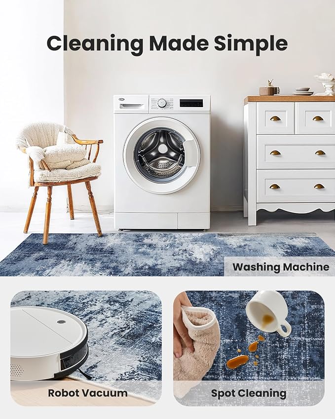 Amada Washable Entry Rug, 2x3 Modern Abstract Rug with Short Pile and Non-Slip Backing, Small Rug with Abstract Pattern for Entryway, Kitchen and Living Room, Dark Blue