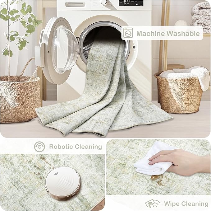 Area Rugs 9x12 Living Room: Washable Rug Modern Abstract Large Rugs Soft Non Slip Neutral Rug Stain Resistant Indoor Carpet for Bedroom Kitchen Dining Room Home Office Rugs(Green Brown,9'x12')