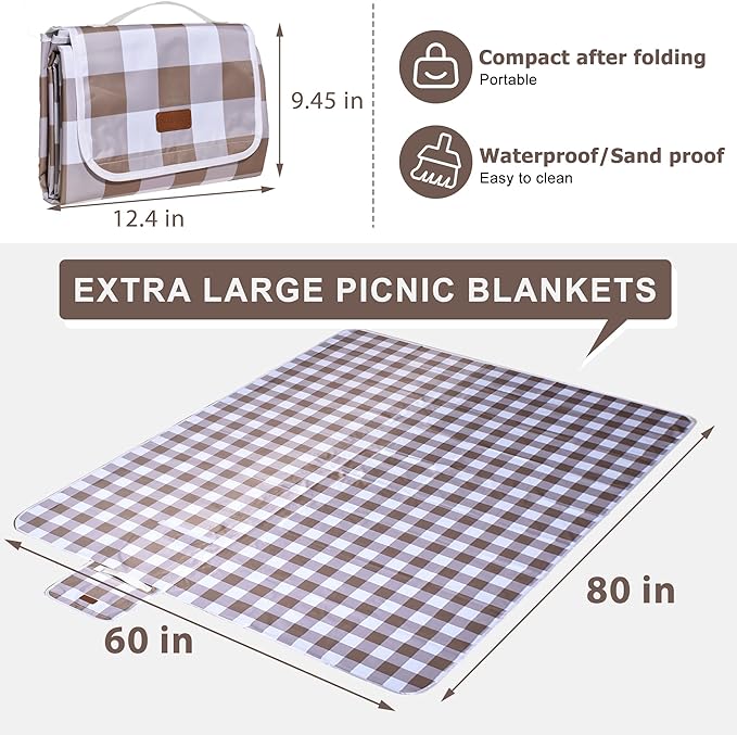 80"x60" Waterproof Sandproof Picnic Mat - Portable Foldable Outdoor Blanket for Beach, Park, Travel & Indoor Use - Lightweight Compact Design, Easy-Carry (Light Brown)